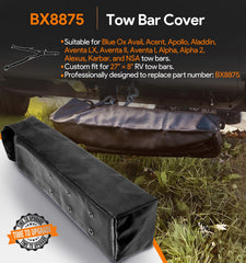 Sixcow BX8875 tow bar cover back view shows snug fit on 27x8 inch bars.