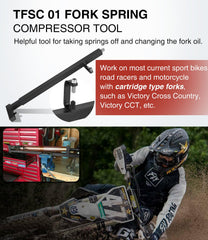 Sixcow TFSC01 adjustable fit shown securing forks for precise spring compression.