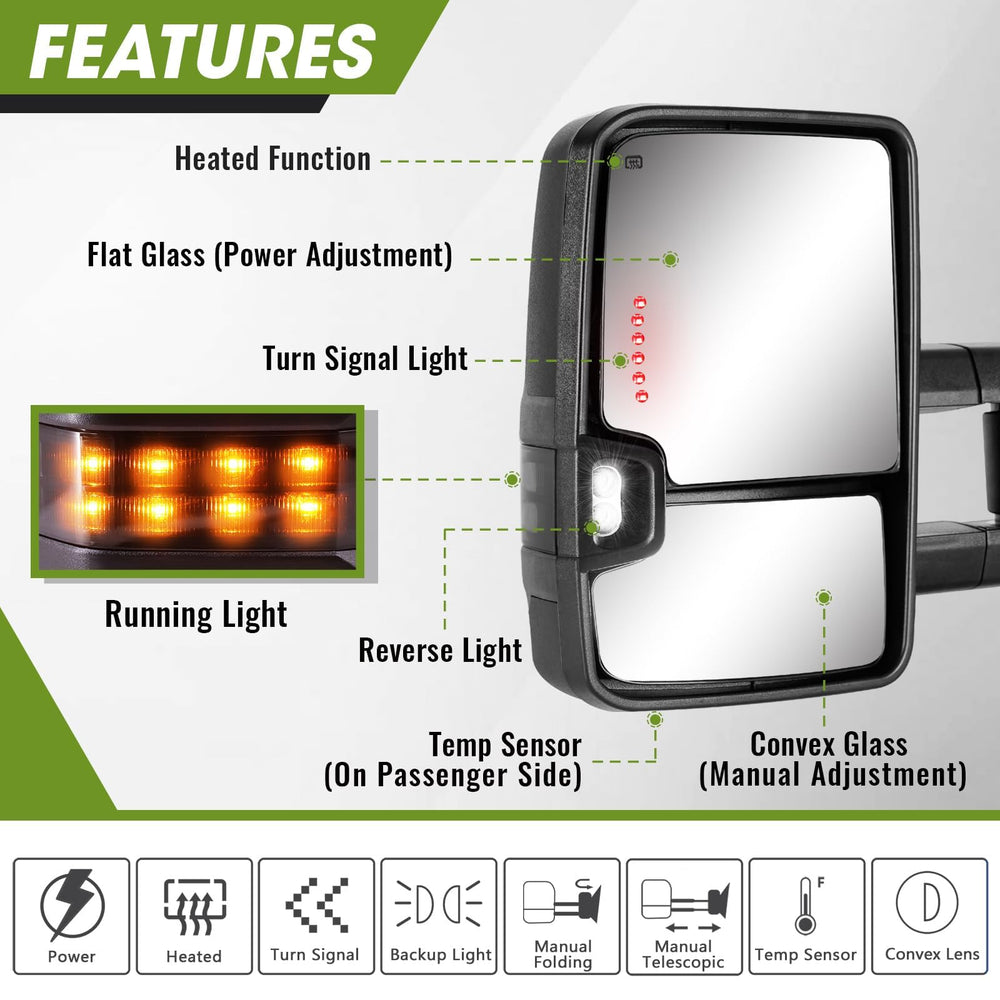 Siziom towing mirrors for Silverado 2500HD/3500HD in textured black housing