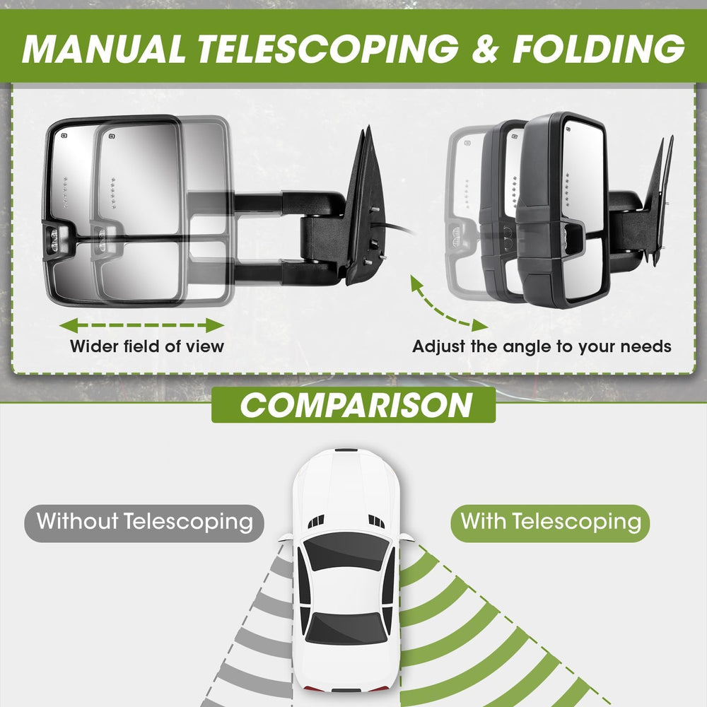 Manual telescoping and folding of Siziom towing mirrors for quick adjustment