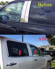 Sizver polished stainless steel window sill trim for Silverado 2500HD/3500HD crew cab enhances rugged look.