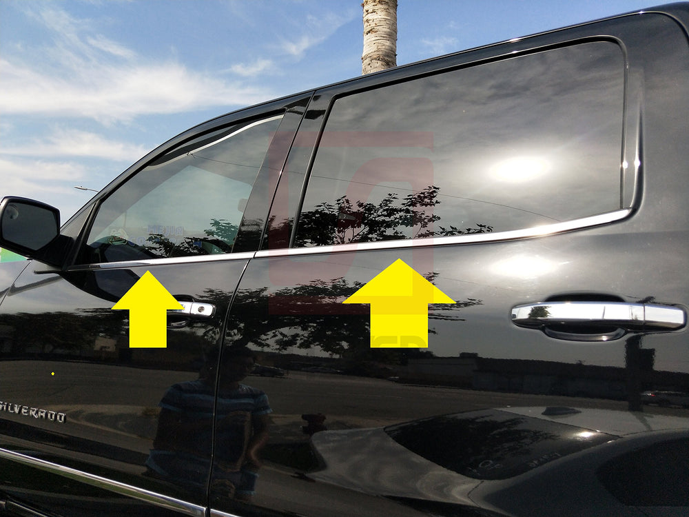 Sizver polished stainless steel window sill trim for Silverado crew cab adds showroom shine.