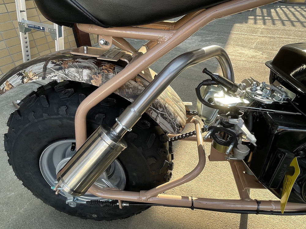 SJVLXHI exhaust muffler for Predator 212cc, rear view highlighting compact, upgrade-friendly design.