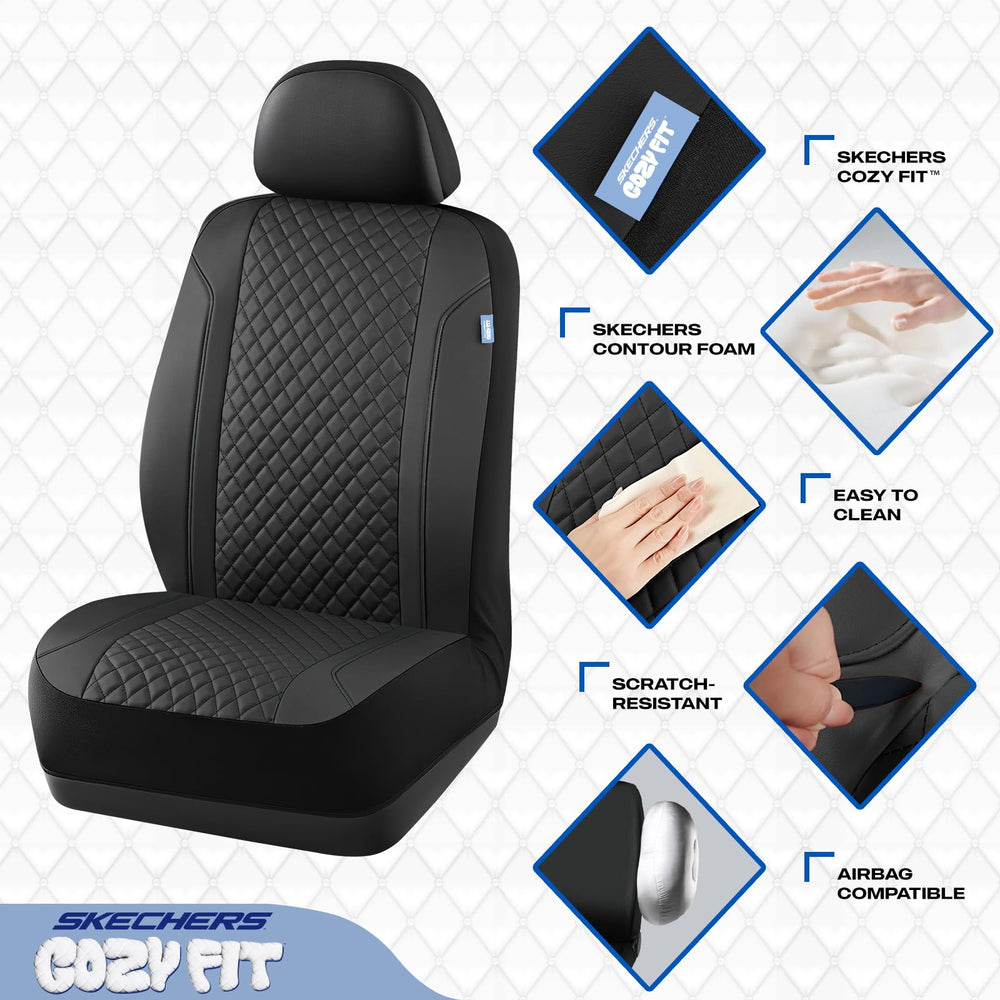 Skechers seat cover shows airbag-compatible detail for safe deployment