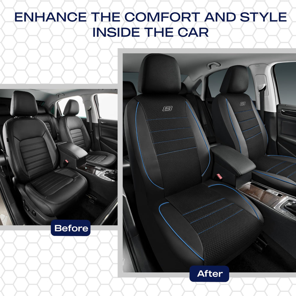 Skechers blue seat cover featuring premium contrast stitching