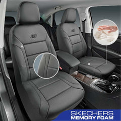 Skechers Memory Foam seat cover with Lycra top layer for breathable comfort.