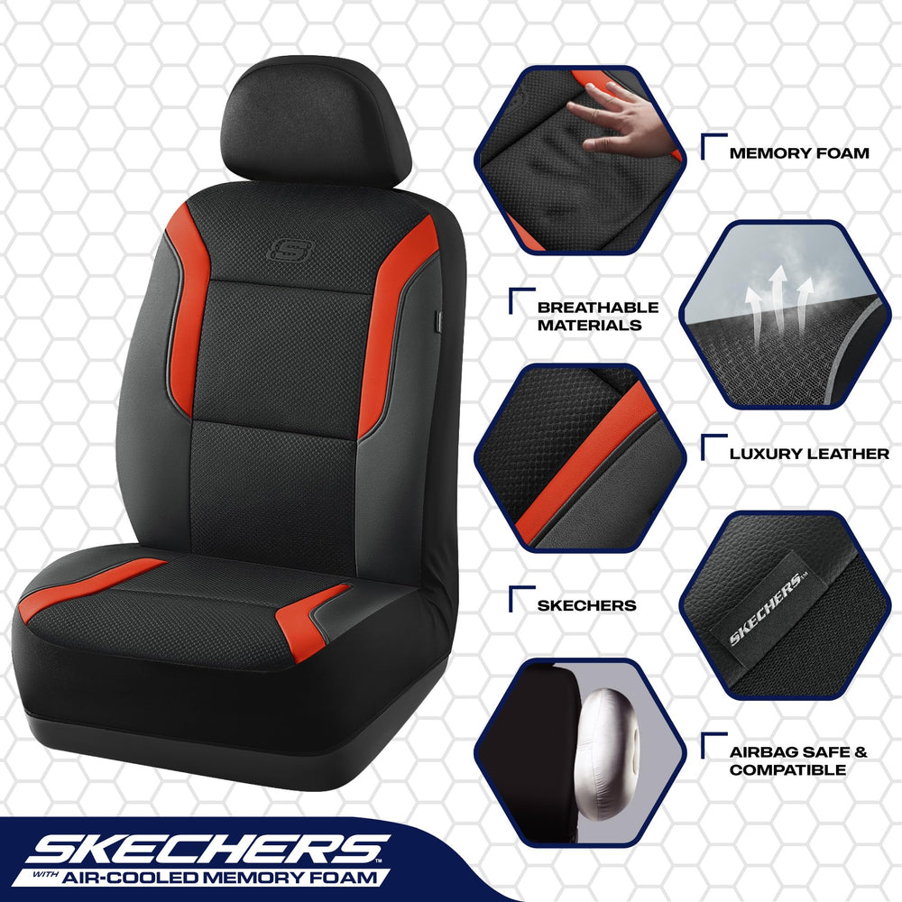 Skechers memory foam leather air-cool mesh car seat cover, rear seat view, interior protection and style.