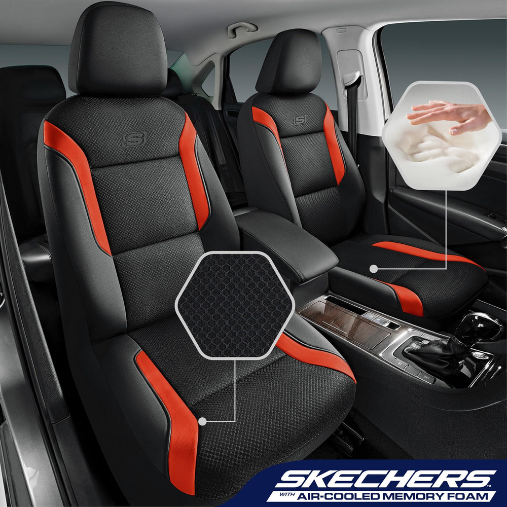 Skechers memory foam leather air-cool mesh car seat cover, side profile, breathable cooling for hot commutes.