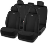 Skechers seat covers full set in black, front view showing snug fit and style.
