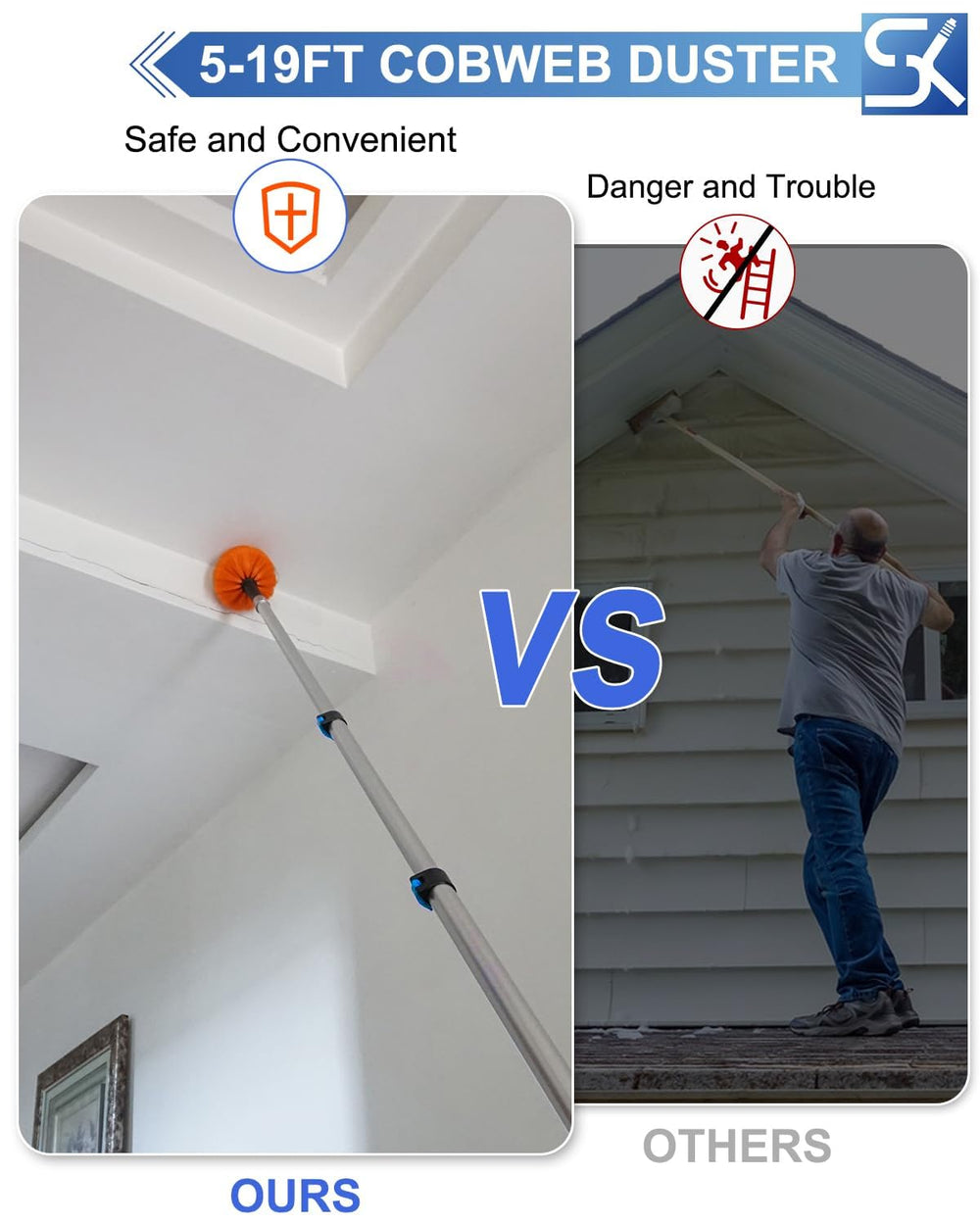 SKGPOLE cobweb duster demonstrates 26ft reach for outdoor webs.