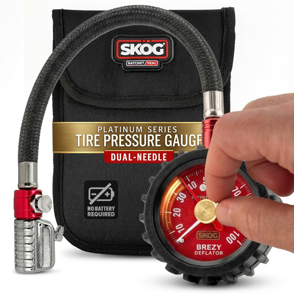SKÖG dual-needle tire gauge with two needles for fast, repeatable pressure checks.