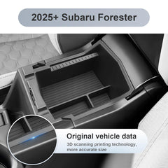 Upper and lower layers organize small items to maximize Forester console space.