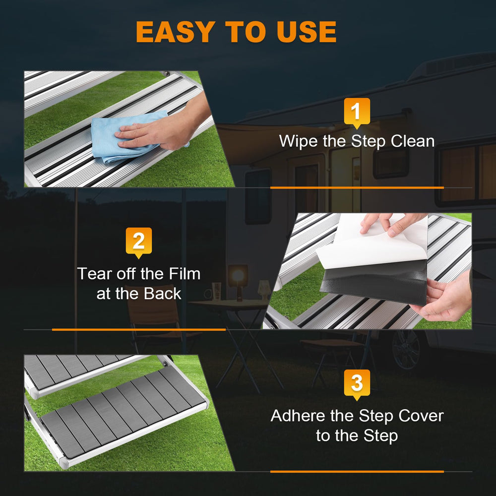 Keeps RV entryways dry by reducing dirt and mud carried inside