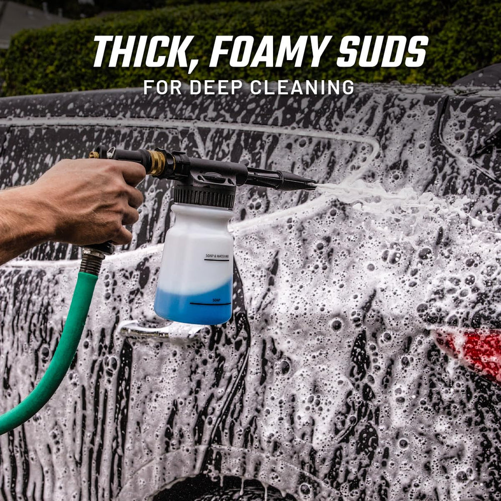 Slick Products foam cannon delivering thick suds for thorough vehicle cleaning