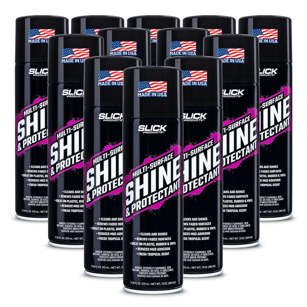 Slick Products Shine & Protectant spray bottle delivers a glossy, protective finish on trims.