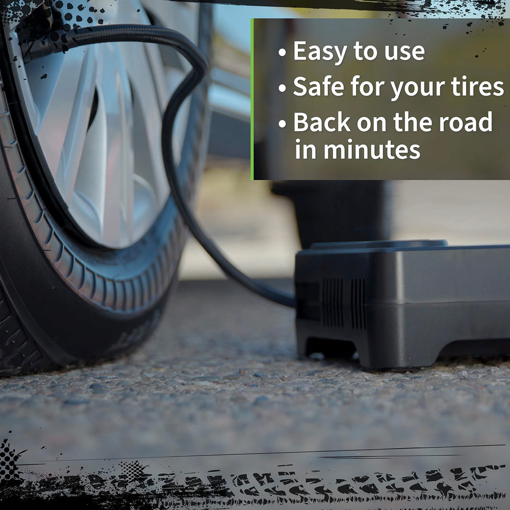 Slime 50122 sealant applied to a tire for a temporary fix on the road.