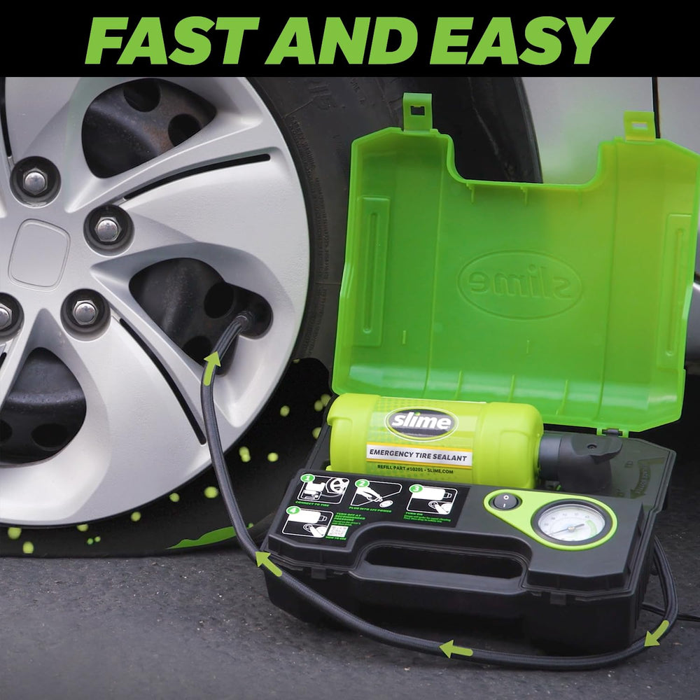 Slime one touch repair no-tools demonstrates easy button-press tire care