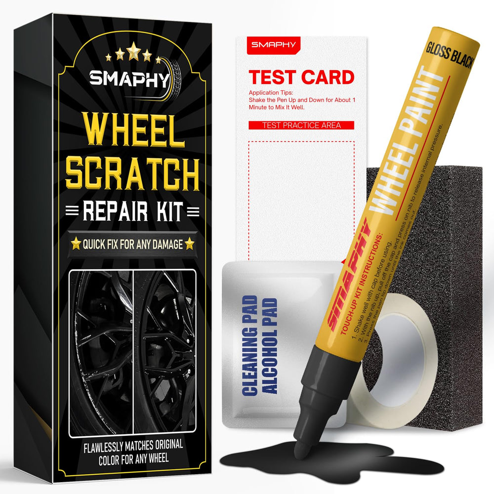 SMAPHY wheel scratch repair pen shown on a gloss black rim for at‑home restoration