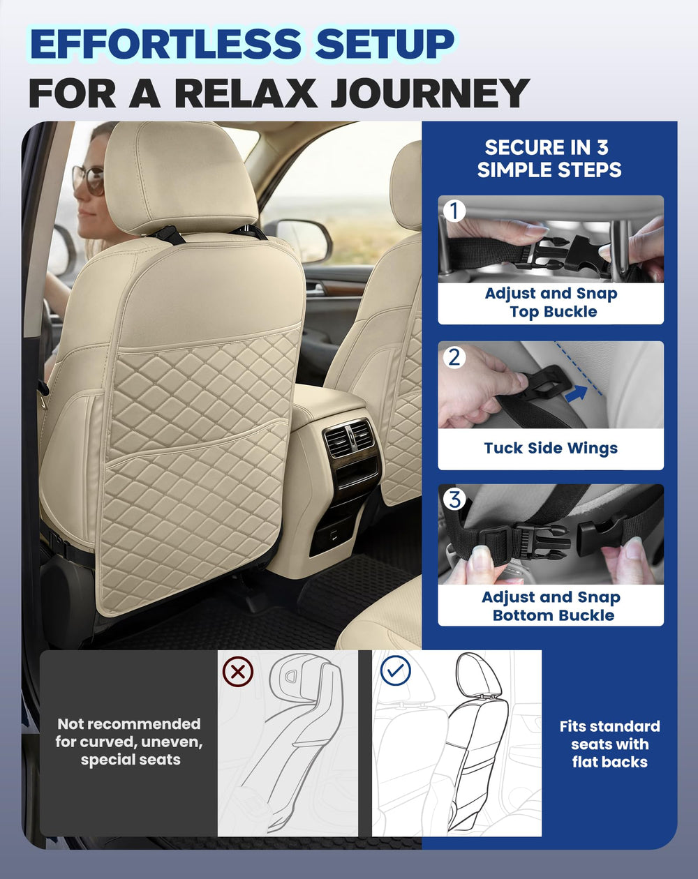 SMOQIO beige installation demonstrates quick, tool-free setup on car seat.