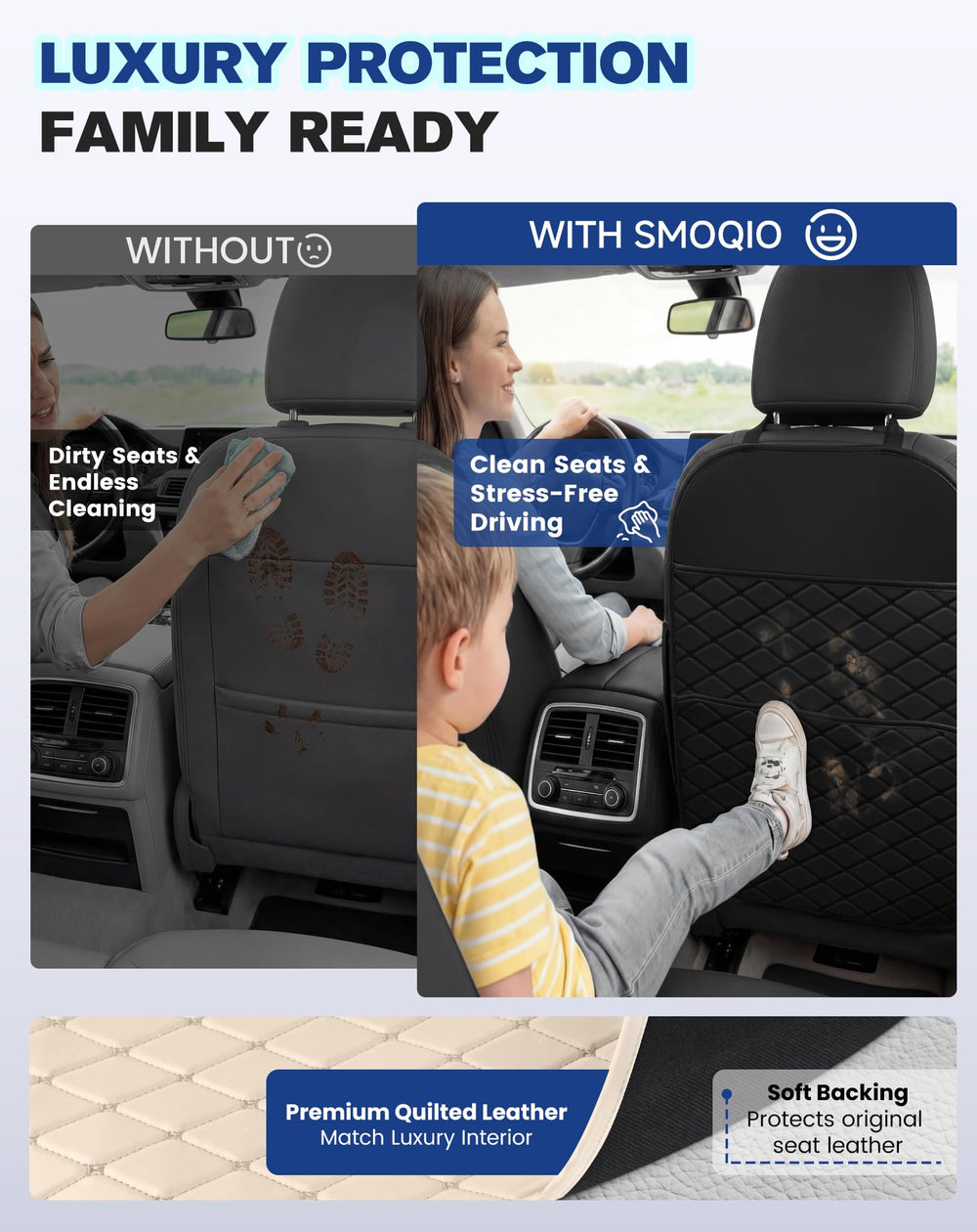 SMOQIO beige back seat protector showing large pocket for storage.