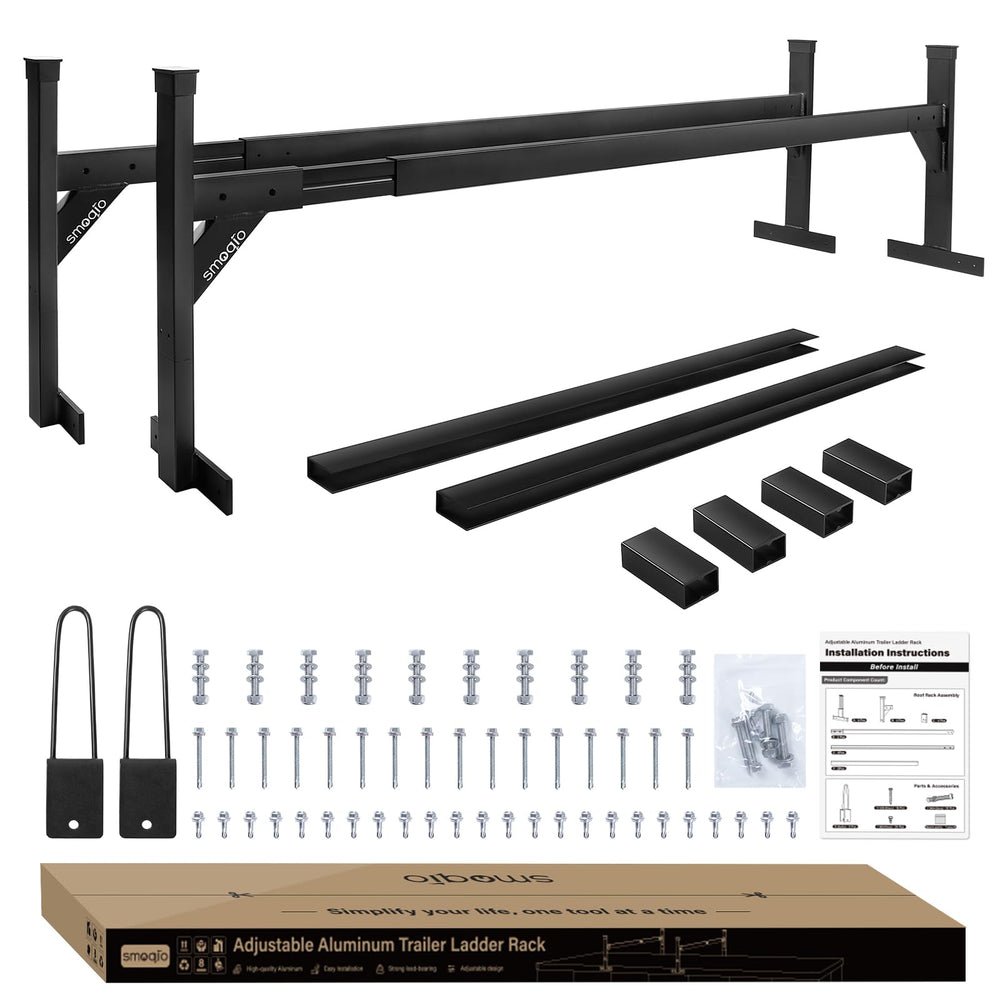 SMOQIO trailer ladder rack extendable length shows flexible fit for various trailers.
