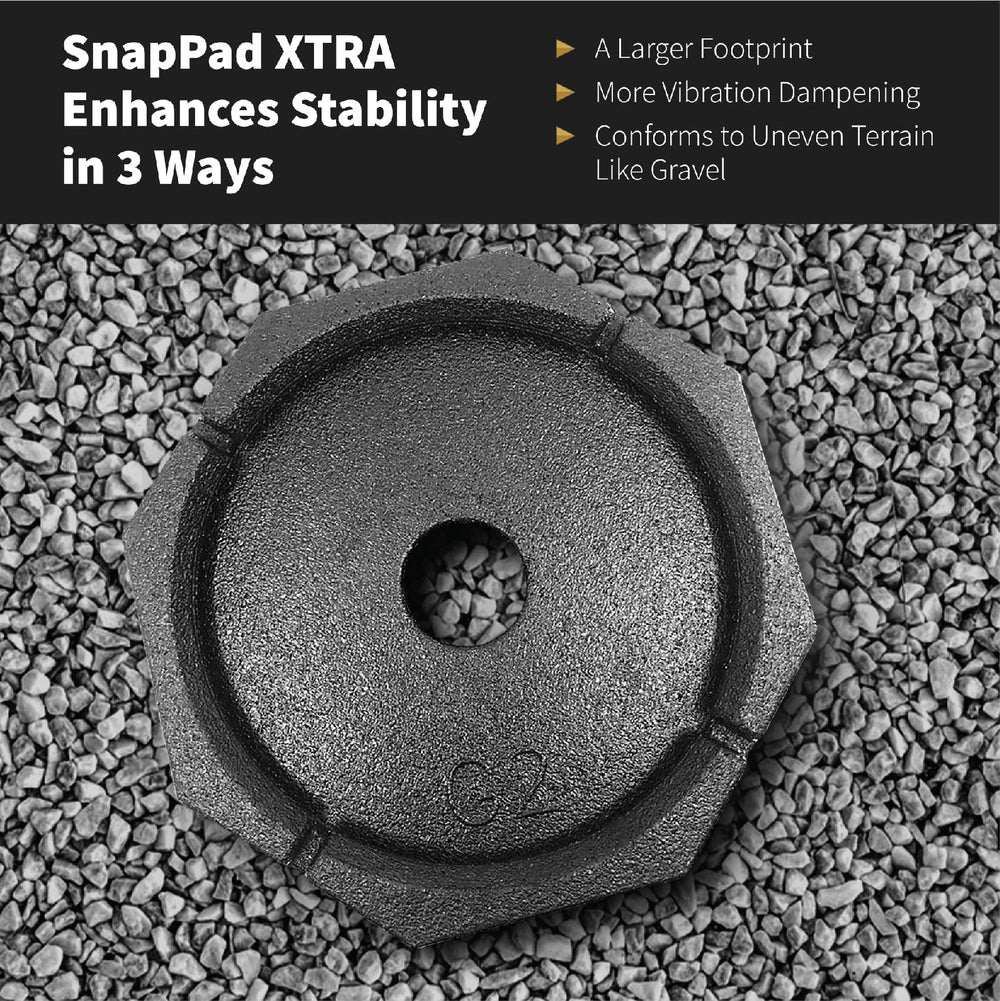 RV setup using SnapPad XTRA 4-Pack on gravel terrain for stability.