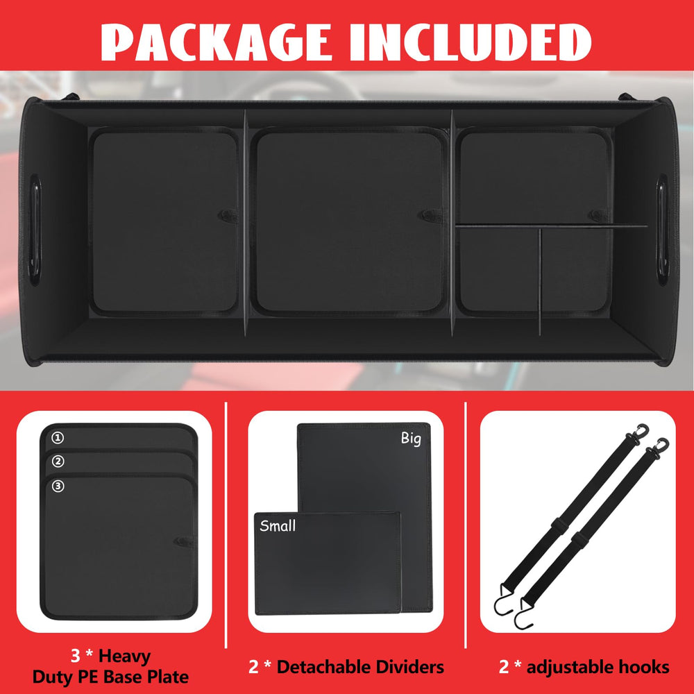 Snuopfy organizer with adjustable straps securing in a vehicle trunk