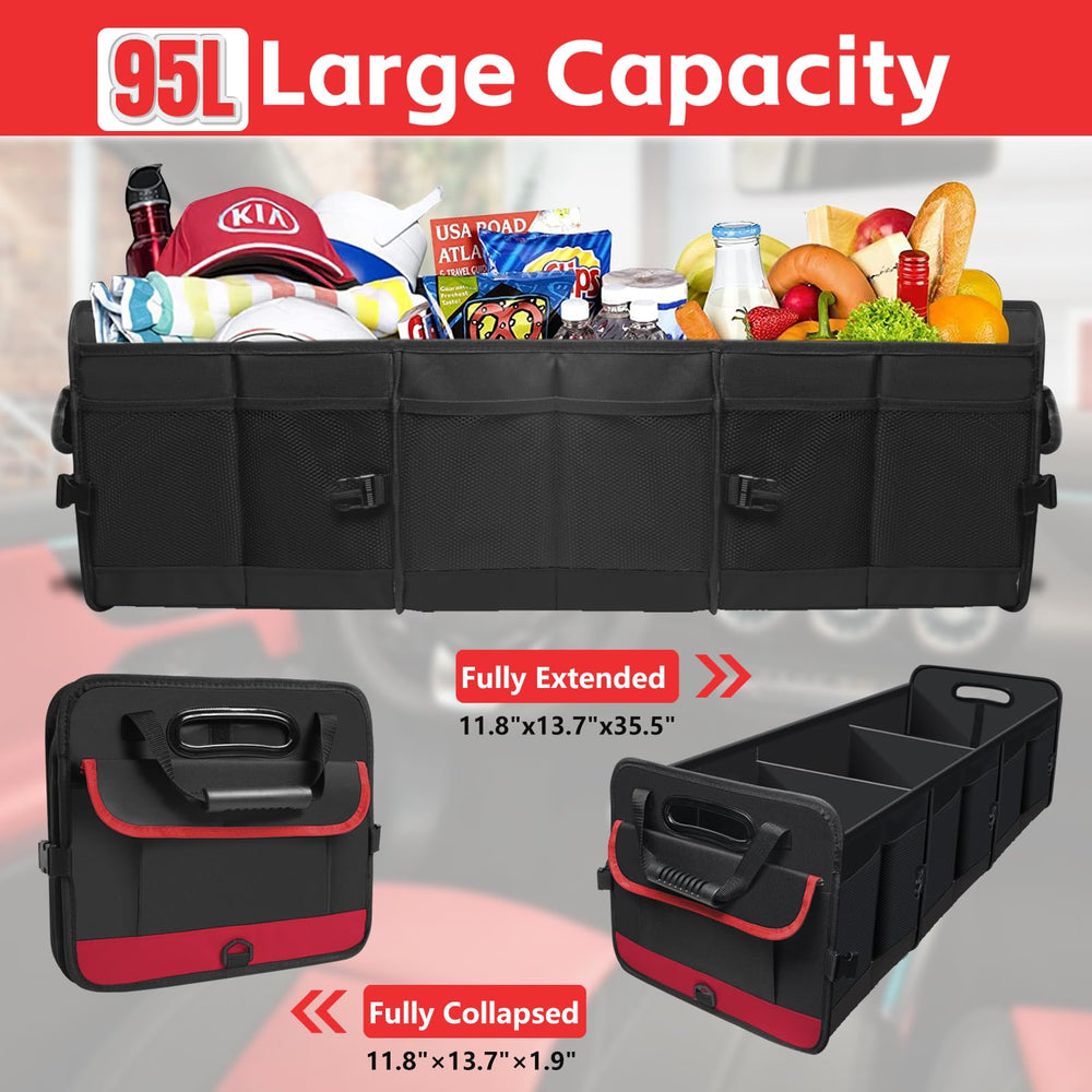 Snuopfy car storage with multiple compartments separating groceries and gear