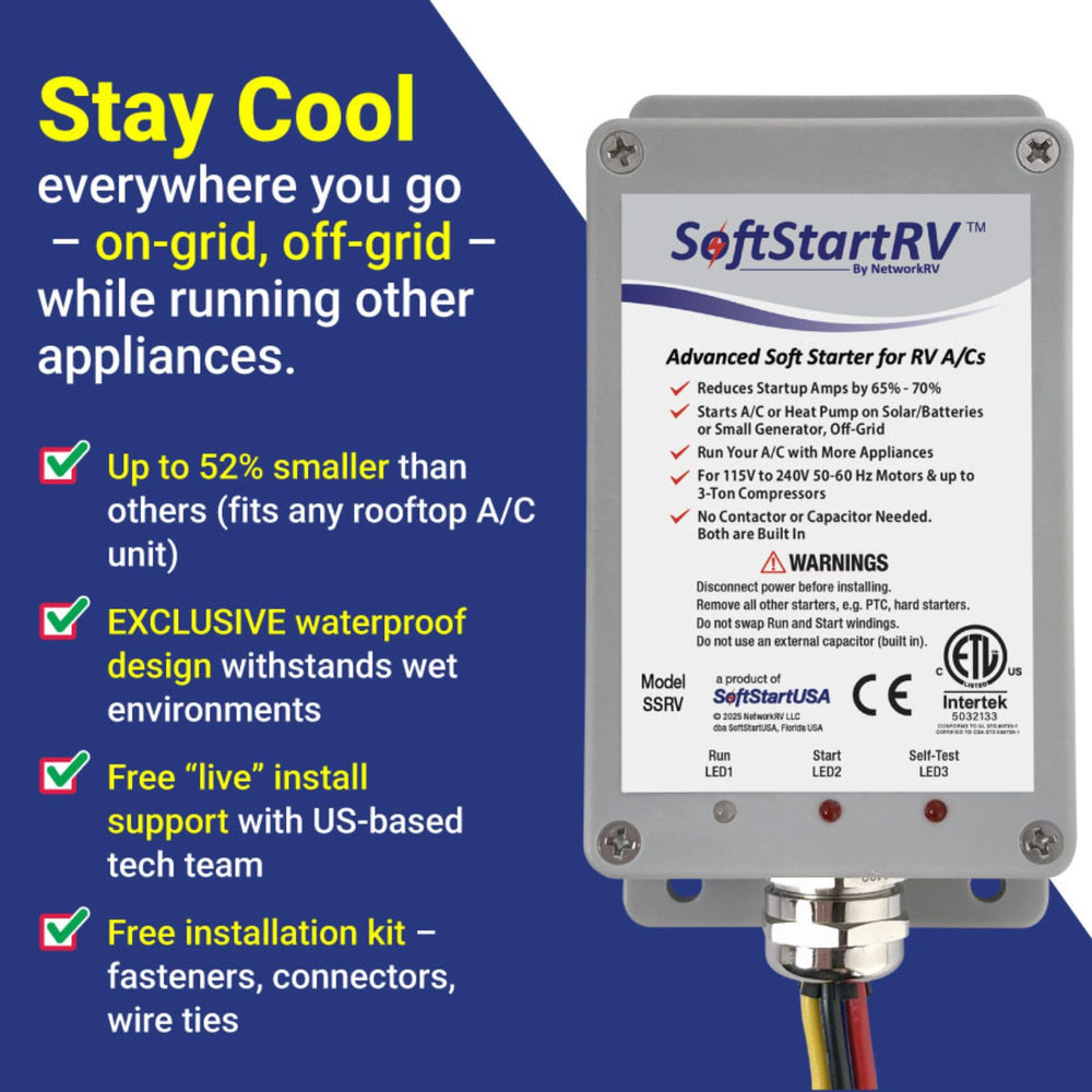SoftStartRV kit installed under RV cabinet demonstrates space-saving installation.