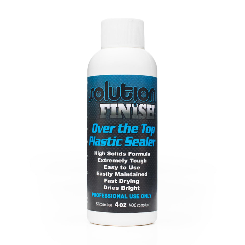 Solution Finish Over the Top Plastic Sealer bottle being poured for exterior trim restoration