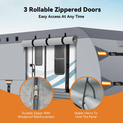 Somokg rollable doors provide convenient access to the RV interior.