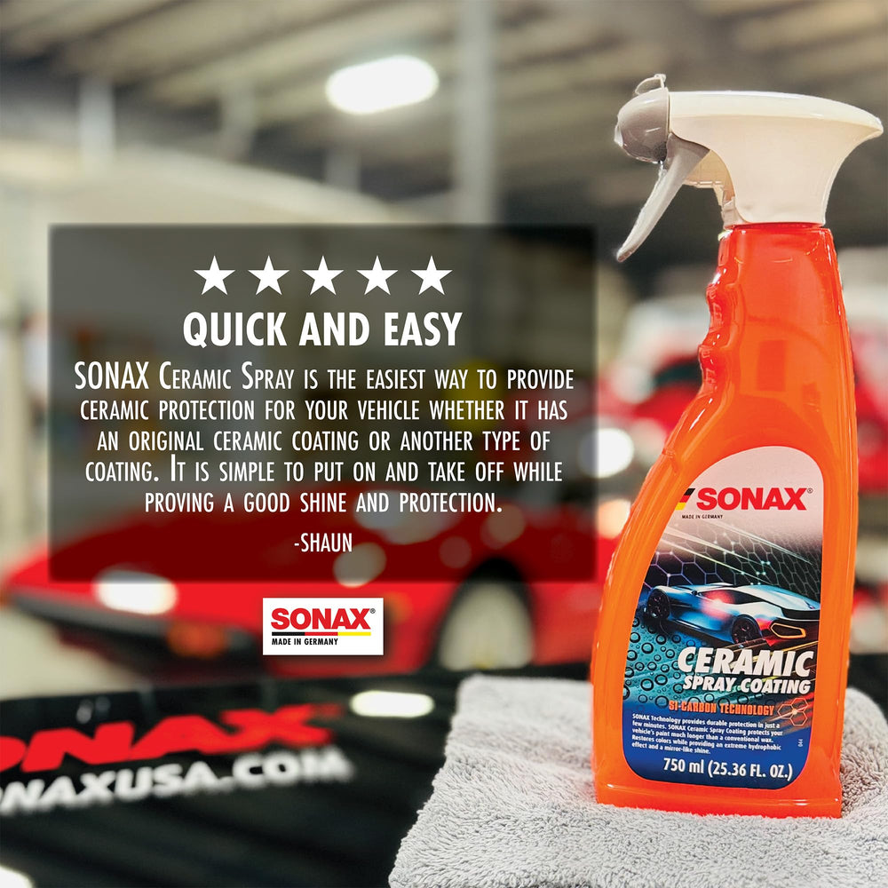 SONAX Ceramic Spray Coating protective-shine emphasizes UV defense and easy maintenance.