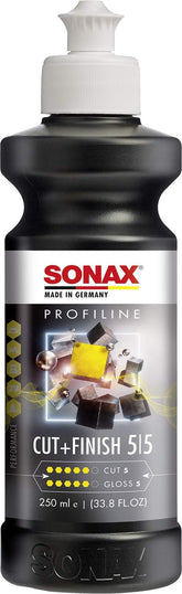SONAX Cut & Finish bottle close-up highlighting high-performance polish for flawless results.