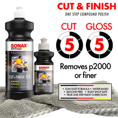 SONAX Cut & Finish surface blemish removal close-up showing defect removal potential.