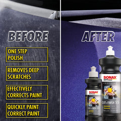 SONAX Cut & Finish swatch test demonstrating deep-cut capability with easy wipe-off.