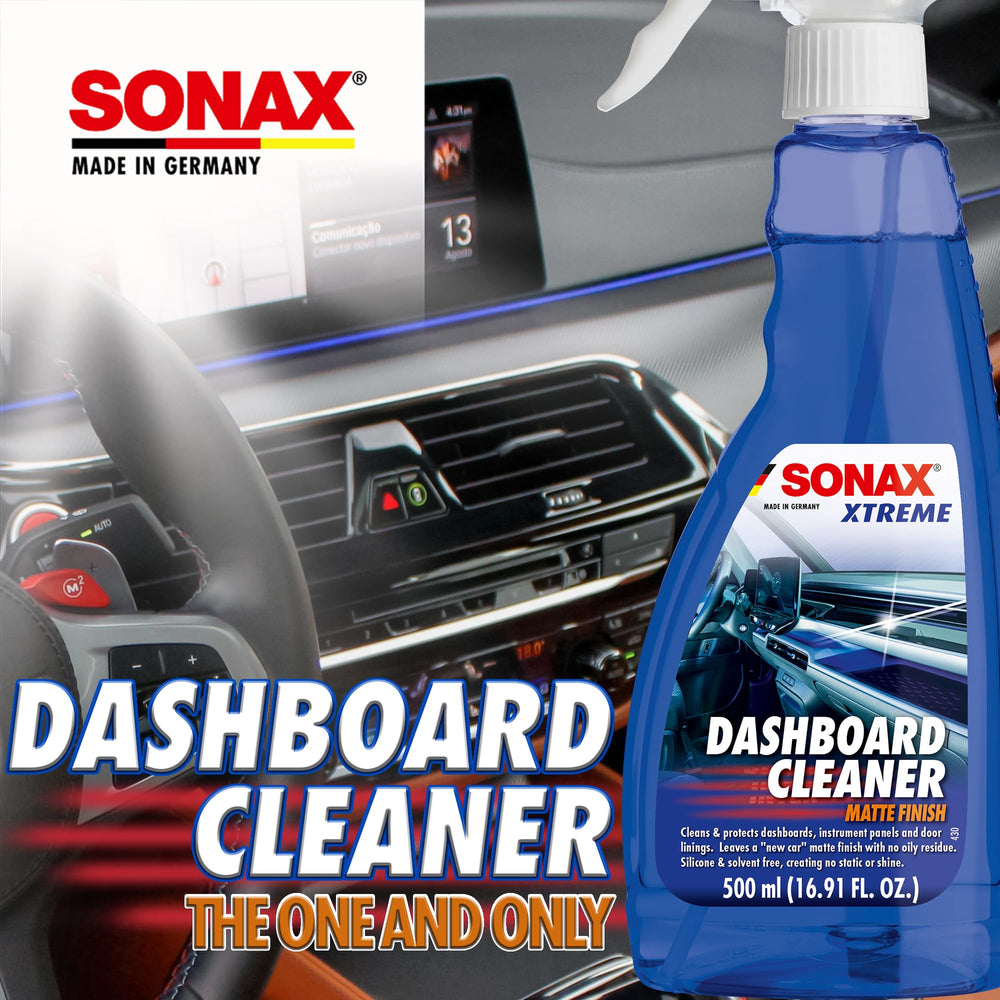 SONAX Dashboard Cleaner delivers anti-static action and dust-repellent shine for plastic surfaces.