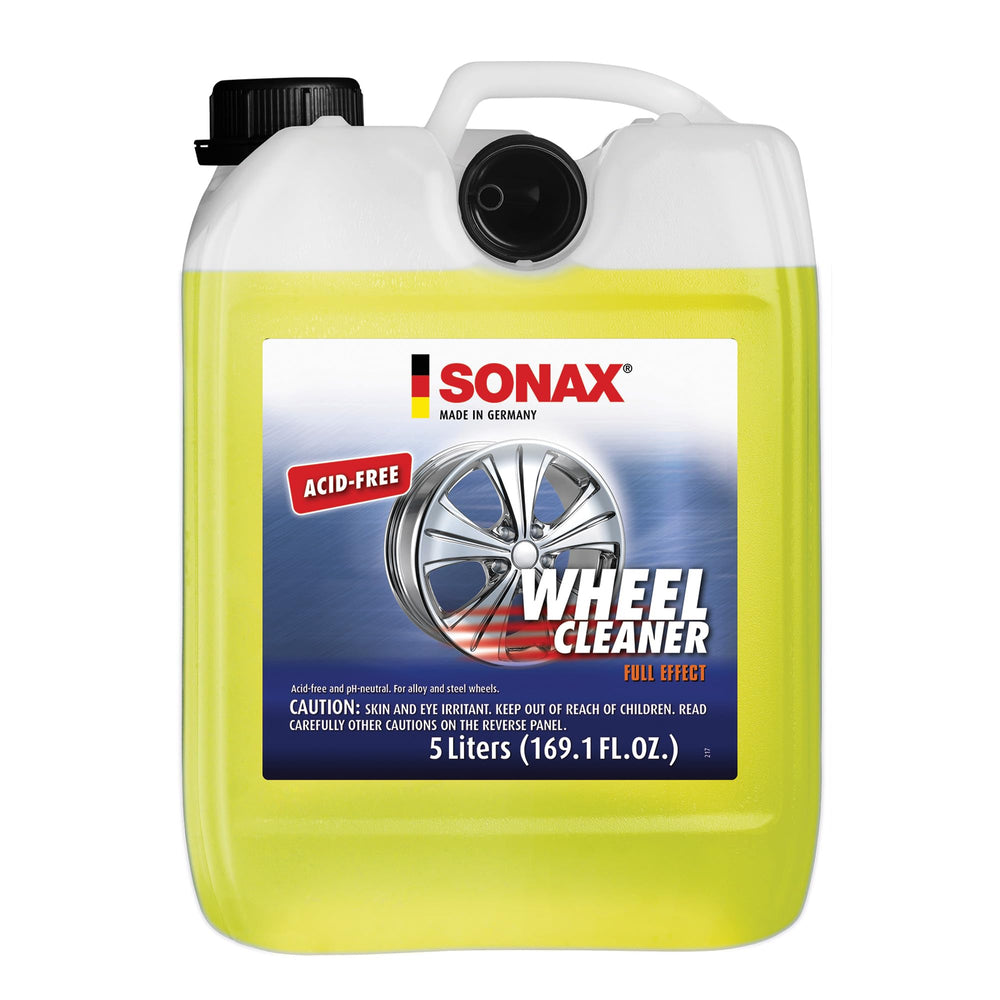 SONAX Full Effect Wheel Cleaner bottle demonstrates versatility for many wheel types and finishes.