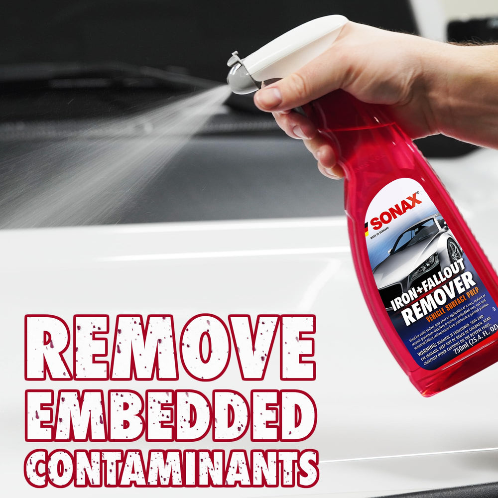 SONAX Iron+Fallout Remover spray demonstrates color-change indicator during use.