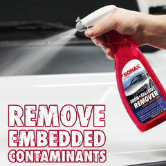 SONAX Iron+Fallout Remover spray demonstrates color-change indicator during use.