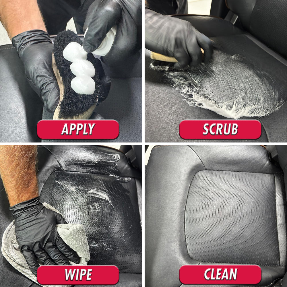 Sonax Premium Class Leather Cleaner foam application for fast cleaning on heated seats