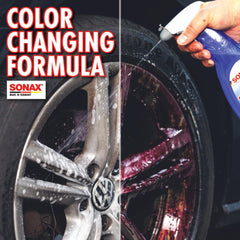 Color-changing formula activates on contact with iron, showing cleaning progress on rims.