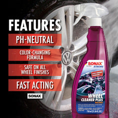 Sonax Wheel Cleaner Plus color change signals active cleaning of ferrous brake dust.