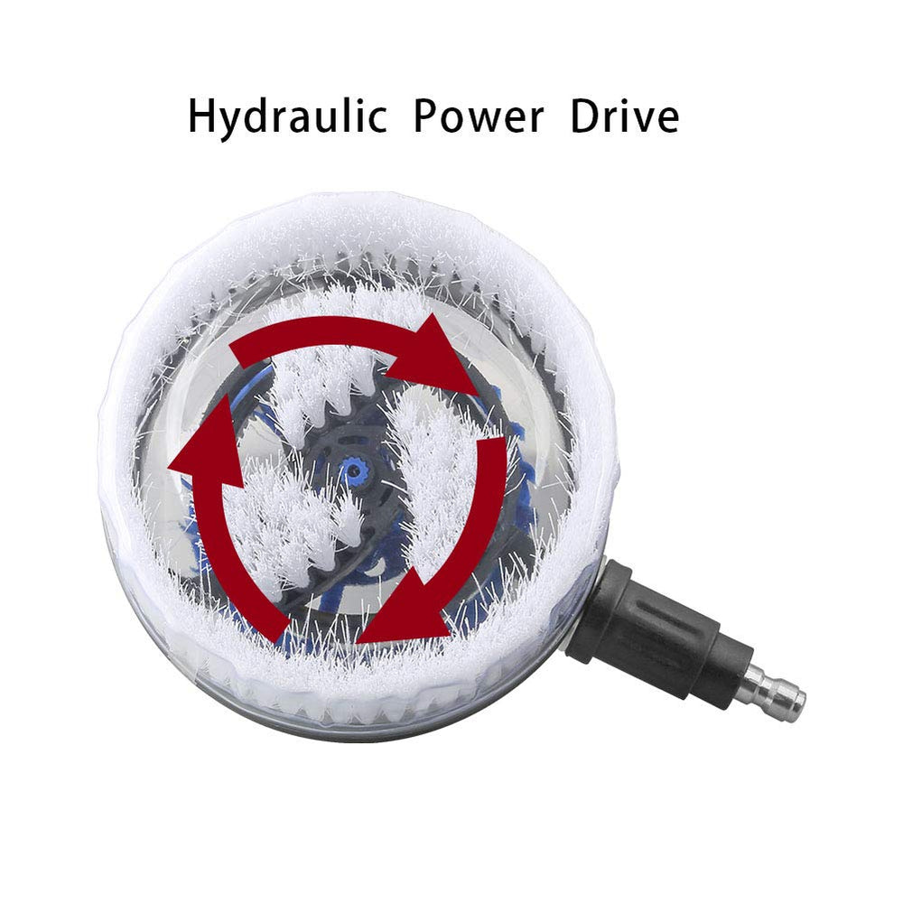 Sooprinse Deluxe rotary brush on wheel hub removing grime with efficient spinning action.