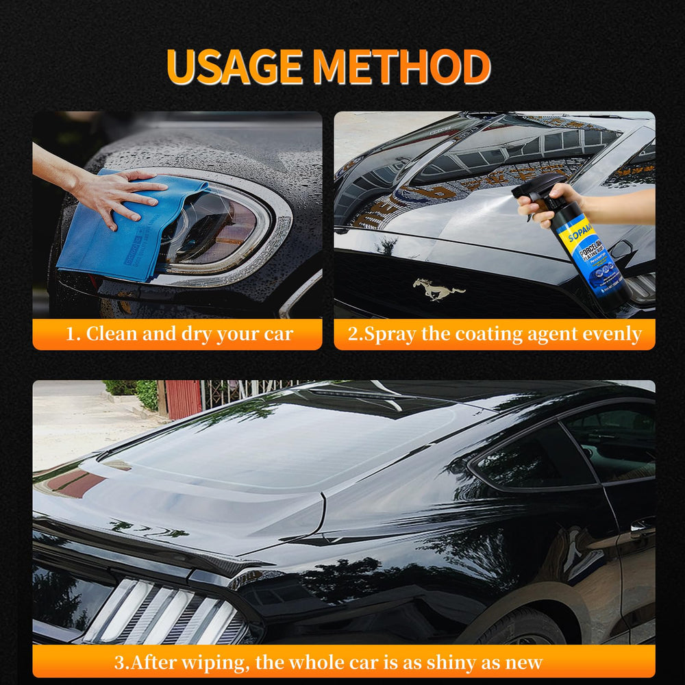 SOPAMI Waterless wash action depicted on car surface for easy cleaning.
