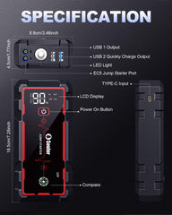 Soulor complete package includes jumper cables and USB cable for travel.