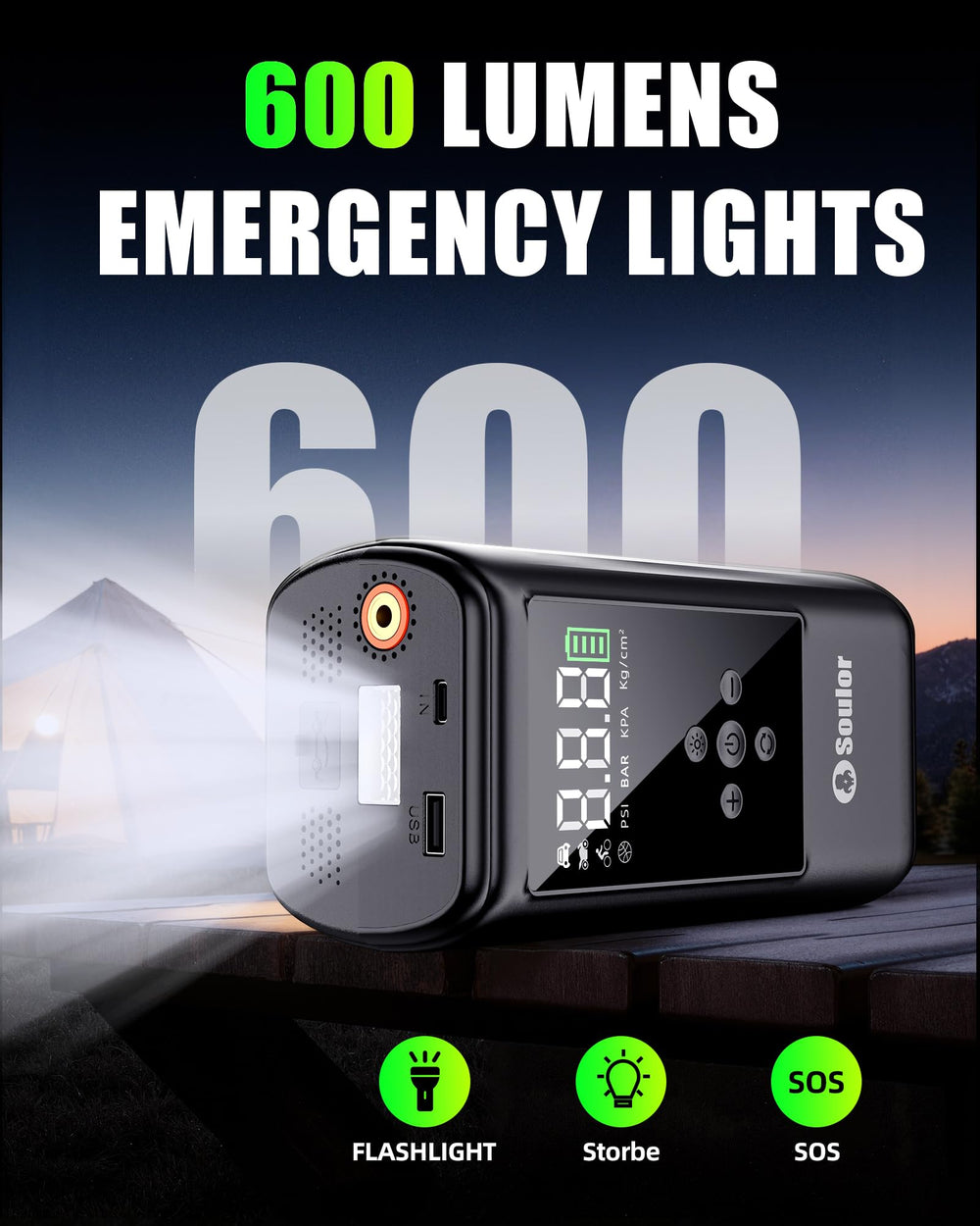 Soulor CYD24 600 lumen emergency light for roadside safety.