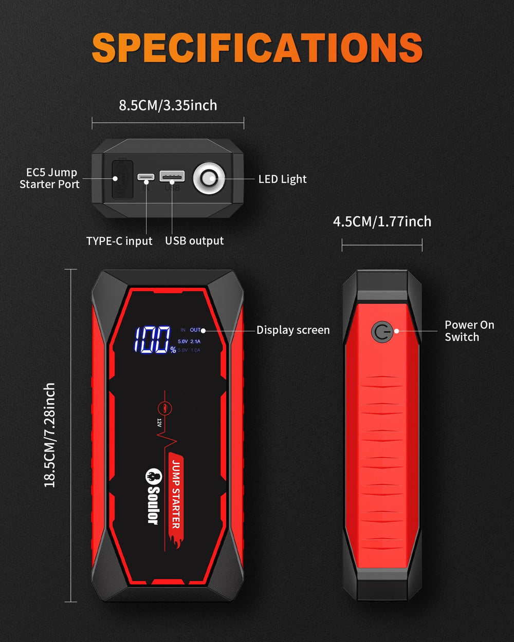 Soulor Jump Starter 5000A USB charging port powers devices on the road