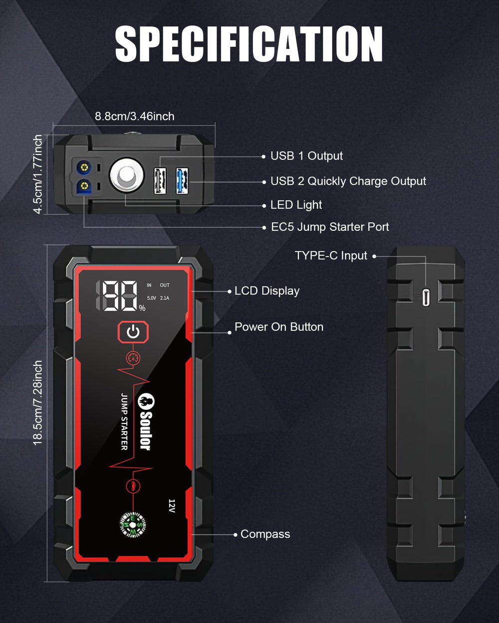 Soulor Jump Starter 5000A USB port for on-the-go device charging.