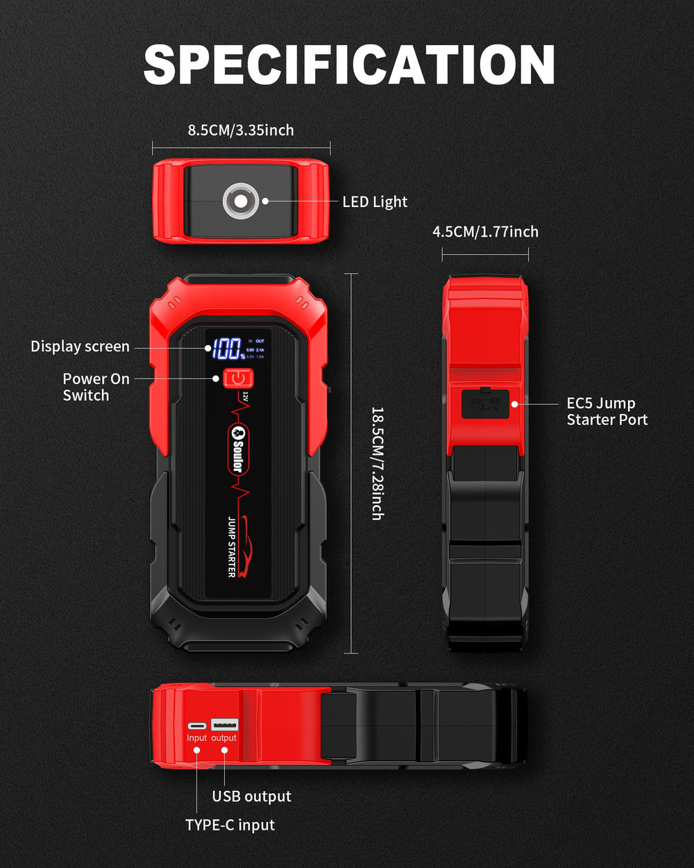 Soulor Jump Starter stored in included carrying bag for easy access.