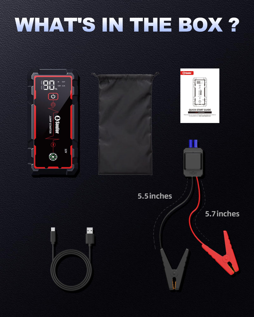 Soulor storage bag keeps the jump starter organized in car or bag.
